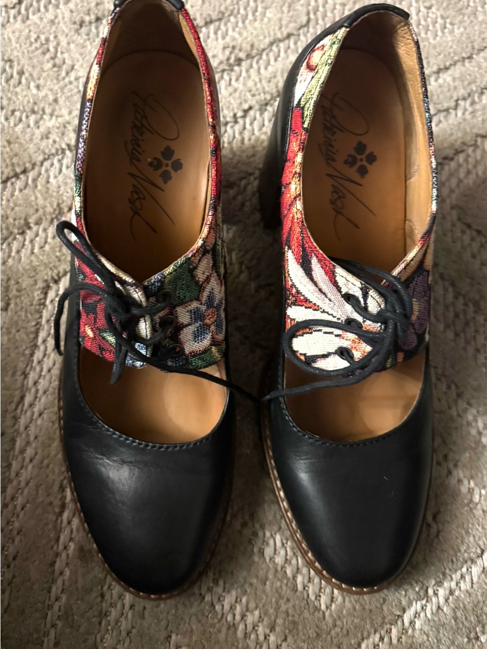 Patricia Nash Black Leather Heels with Floral Tapestry Panels
